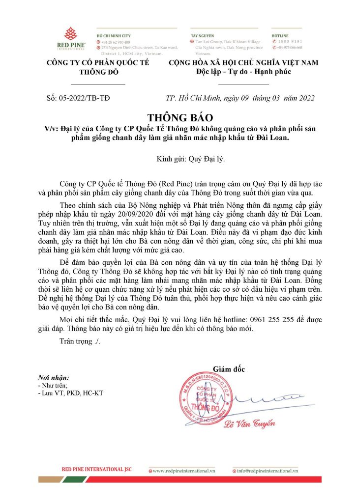 Thông báo của Công ty Thông Đỏ Đại lý chanh dây